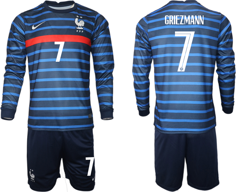 Cheap Men 2021 European Cup France home blue Long sleeve 7 Soccer Jersey